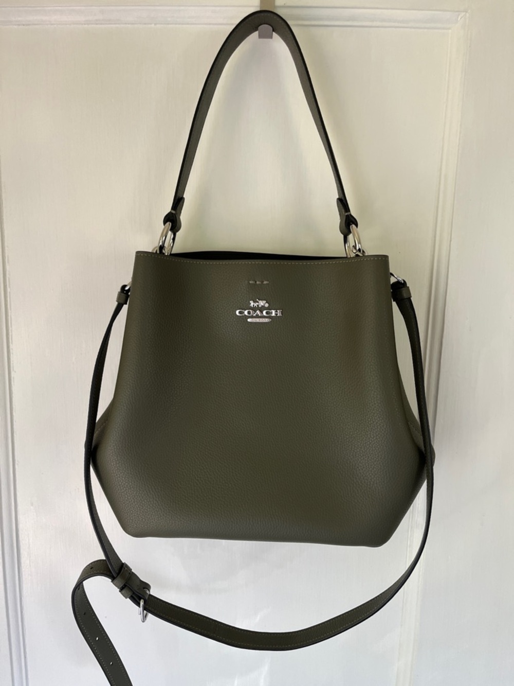 Coach Olive Green Pebbled Leather Shoulder Bag with Silver Logo